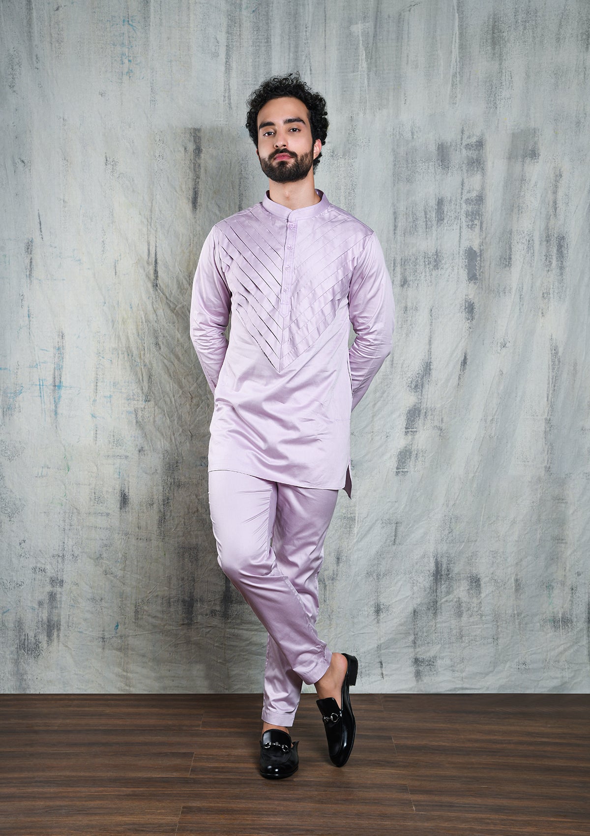 LAVENDER ARROW PLEATED SATIN SHORT CO-ORD KURTA SET